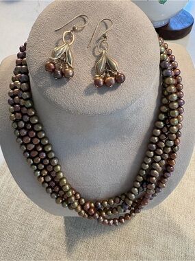 Long Single Strand of Colored Pearls with Gold-toned accents, Dangle Earrings